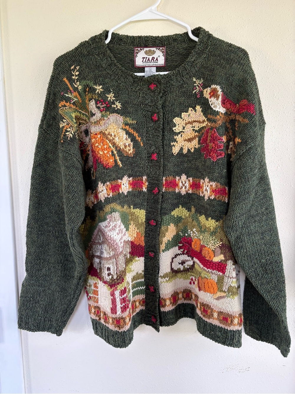 Tiara Dark Olive Green Embroidered Button-Front Cardigan Sweater